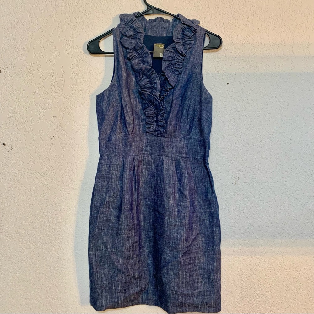 TAYLOR WOMENS 100% Linen DRESS SIZE PETITE 6 BLue SLEEVELESS ZIP A-LINED DRESS.
